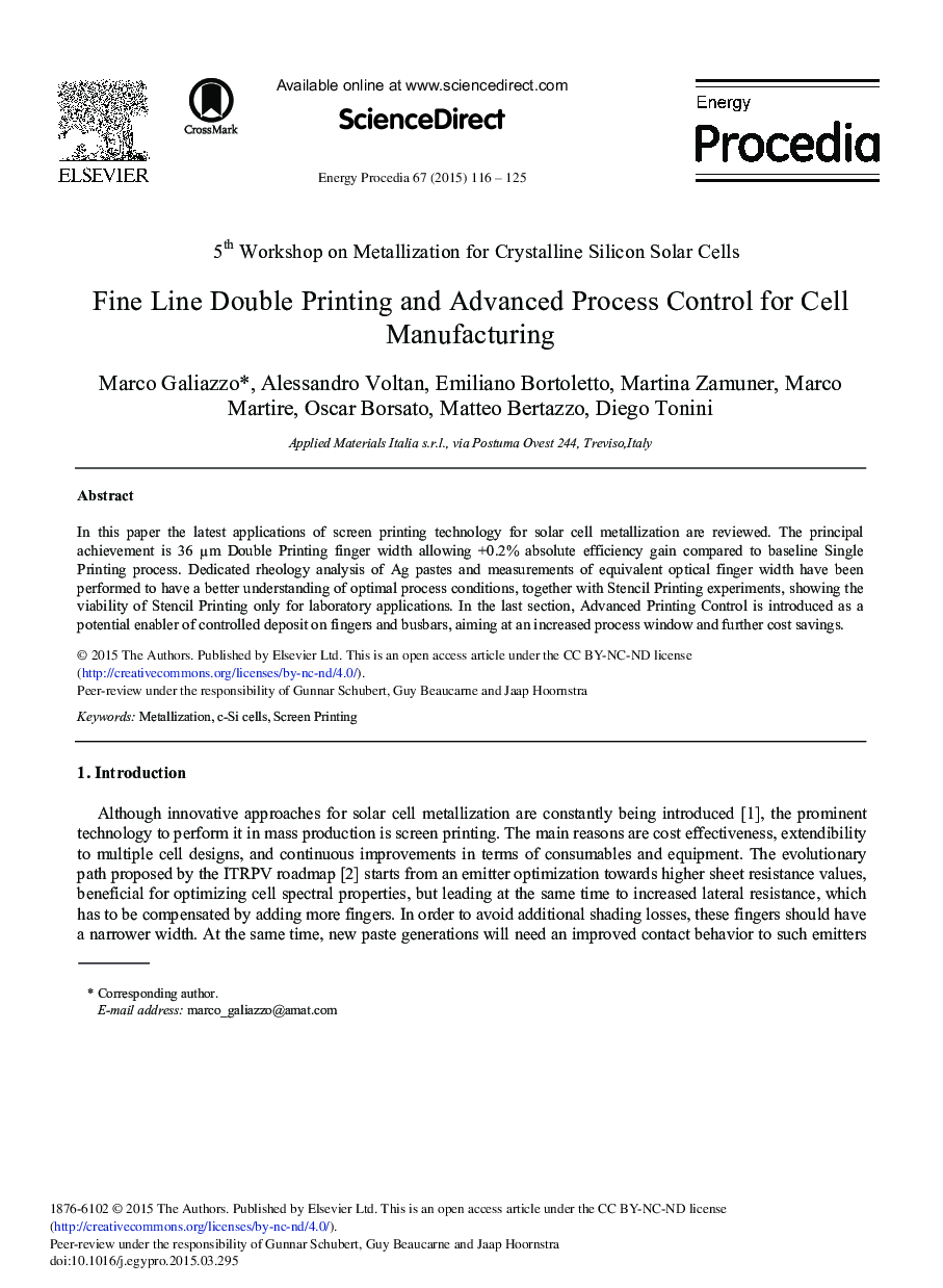 Fine Line Double Printing and Advanced Process Control for Cell Manufacturing 