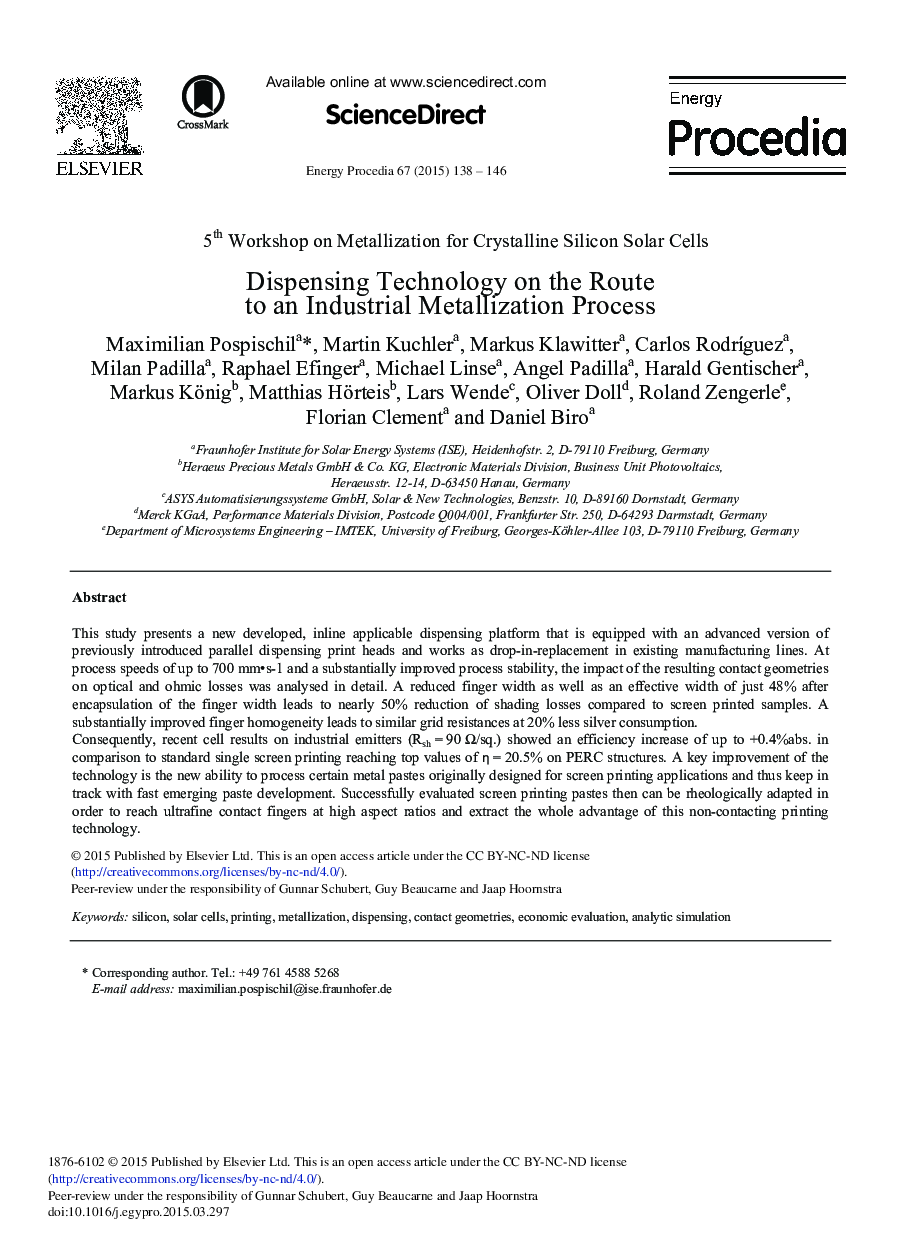 Dispensing Technology on the Route to an Industrial Metallization Process 