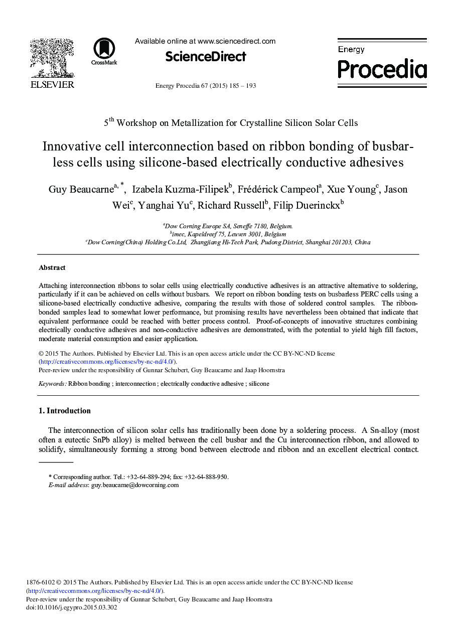 Innovative Cell Interconnection Based on Ribbon Bonding of Busbar-less Cells Using Silicone-based Electrically Conductive Adhesives 