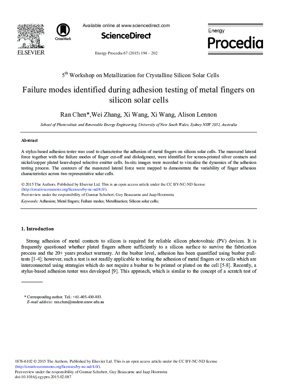 Failure Modes Identified during Adhesion Testing of Metal Fingers on Silicon Solar Cells 