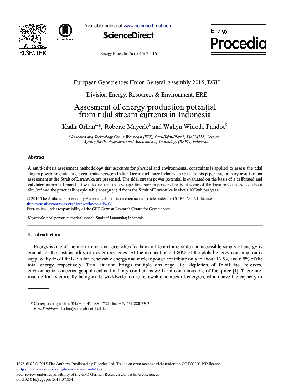 Assesment of Energy Production Potential from Tidal Stream Currents in Indonesia 