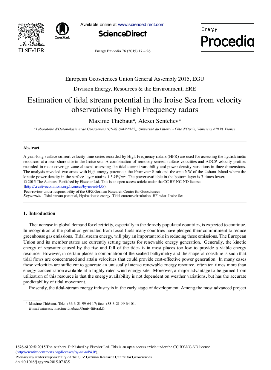 Estimation of Tidal Stream Potential in the Iroise Sea from Velocity Observations by High Frequency Radars 
