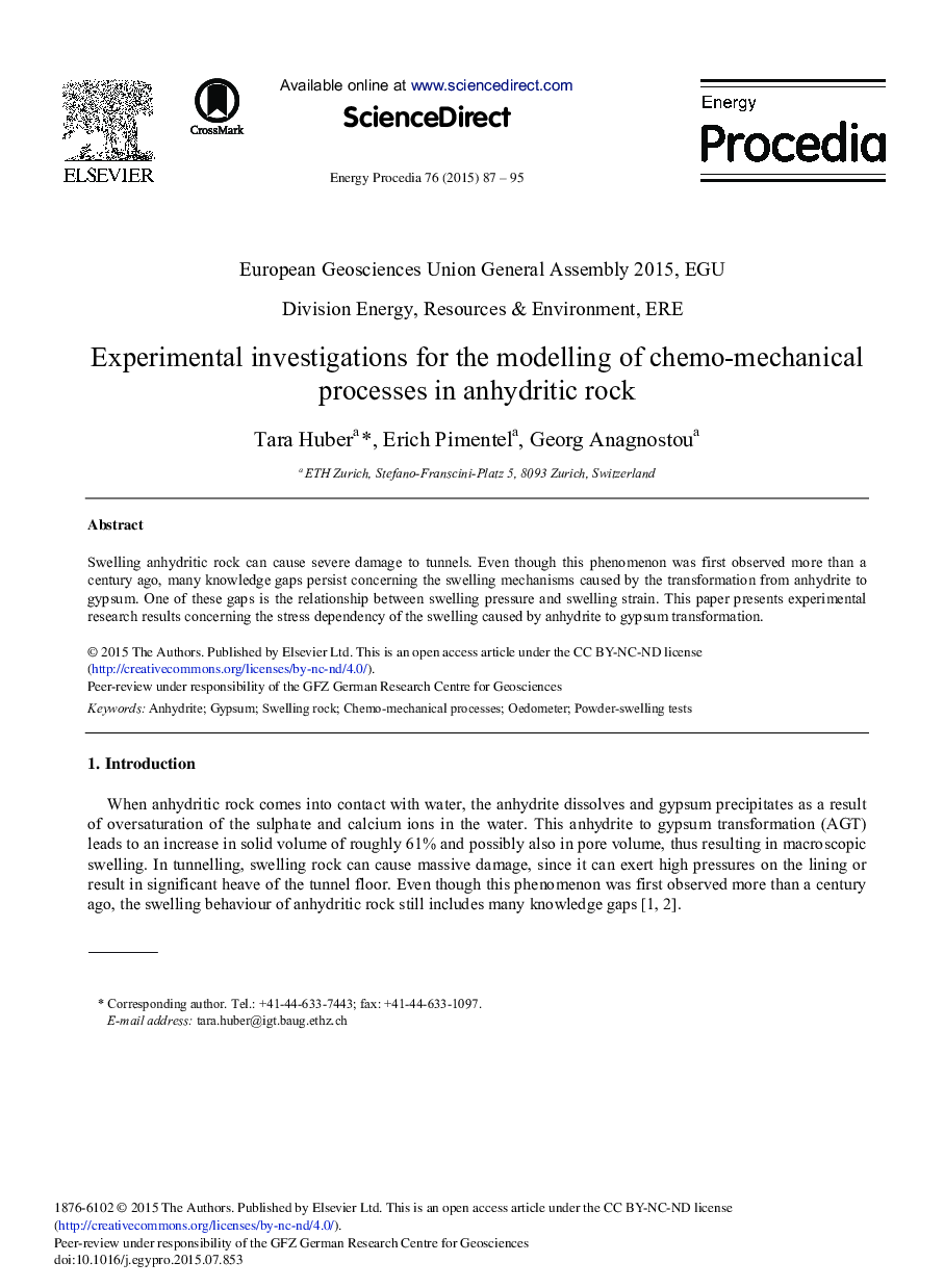 Experimental Investigations for the Modelling of Chemo-mechanical Processes in Anhydritic Rock 