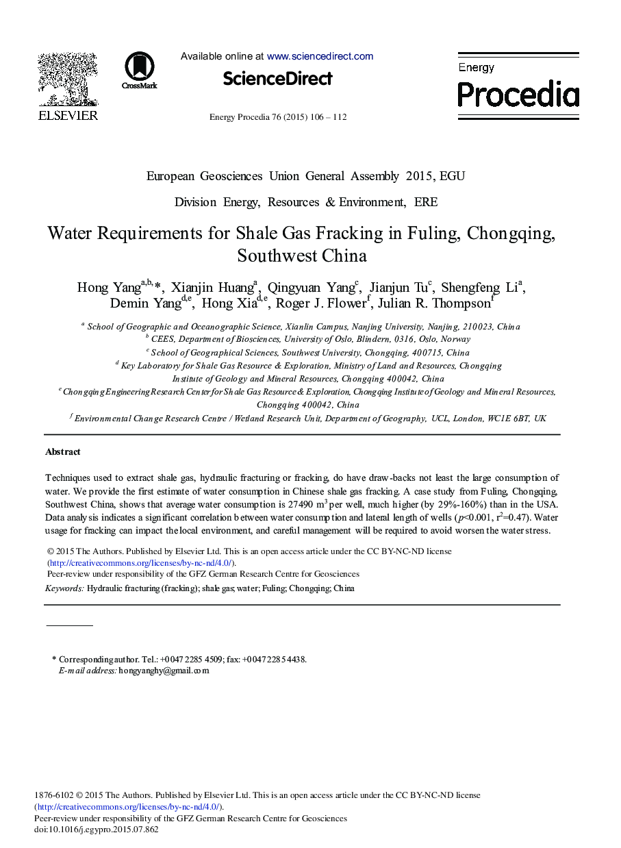 Water Requirements for Shale Gas Fracking in Fuling, Chongqing, Southwest China 