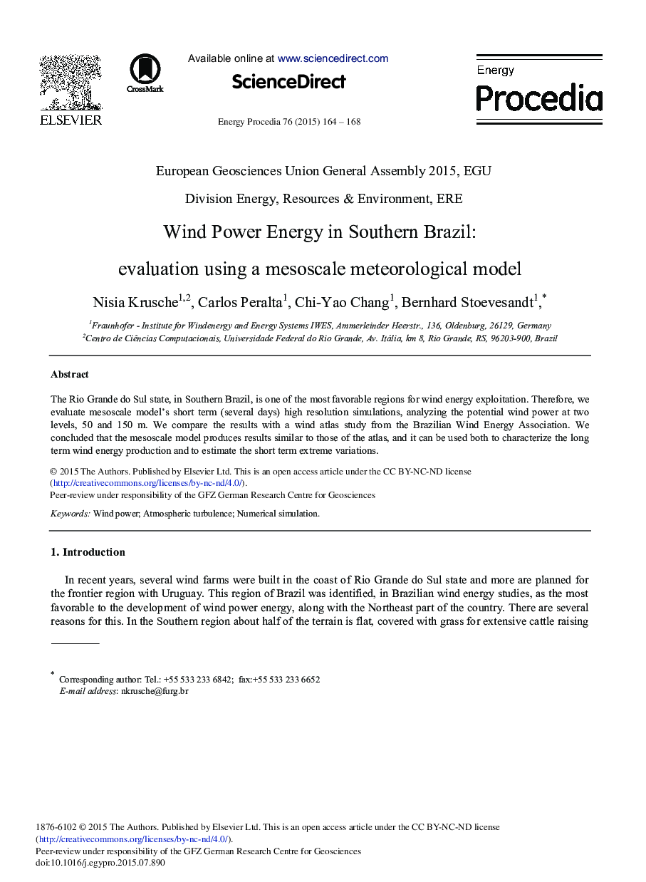 Wind Power Energy in Southern Brazil: Evaluation using a Mesoscale Meteorological Model 