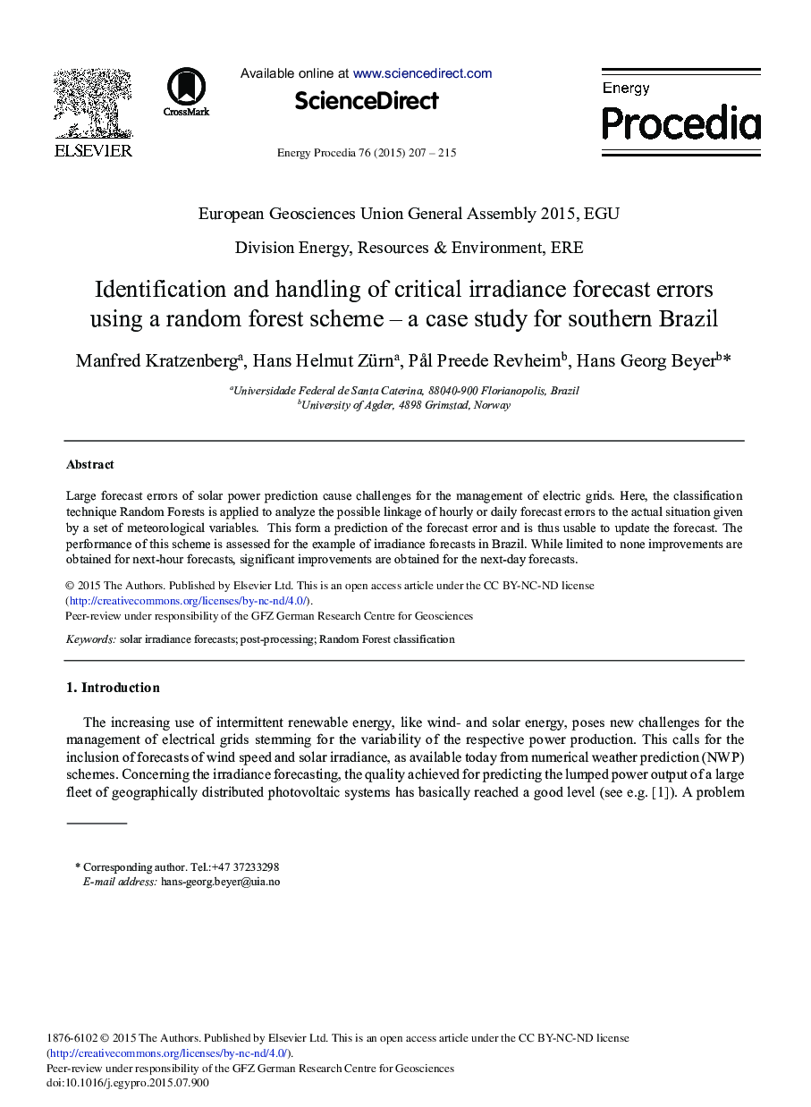 Identification and Handling of Critical Irradiance Forecast Errors Using a Random Forest Scheme – A Case Study for Southern Brazil 