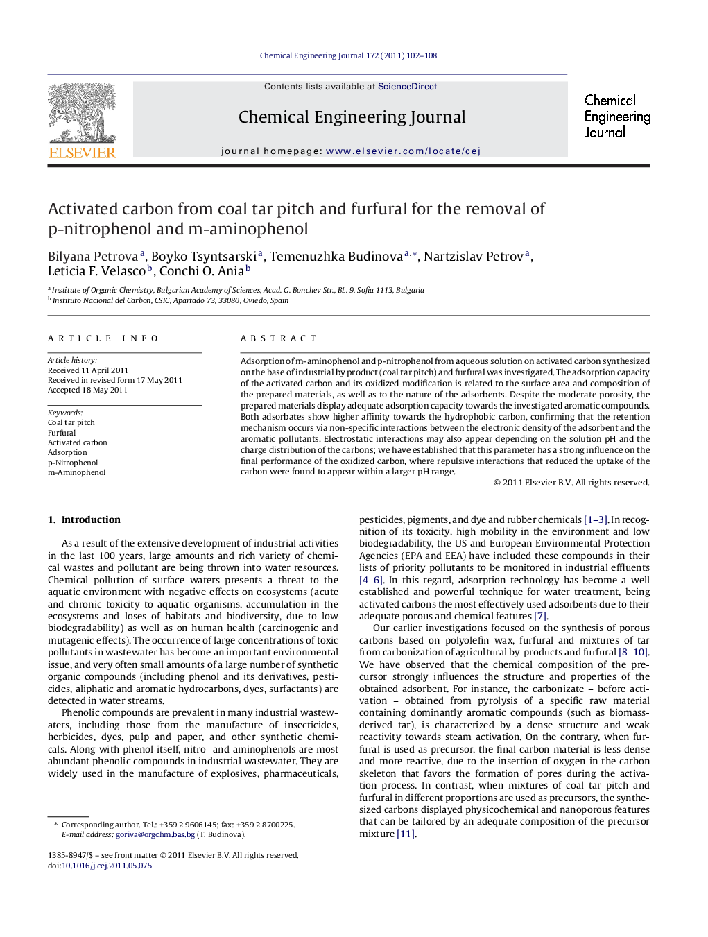 Activated carbon from coal tar pitch and furfural for the removal of p-nitrophenol and m-aminophenol