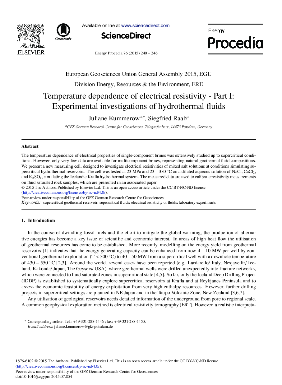Temperature Dependence of Electrical Resistivity - Part I: Experimental Investigations of Hydrothermal Fluids 