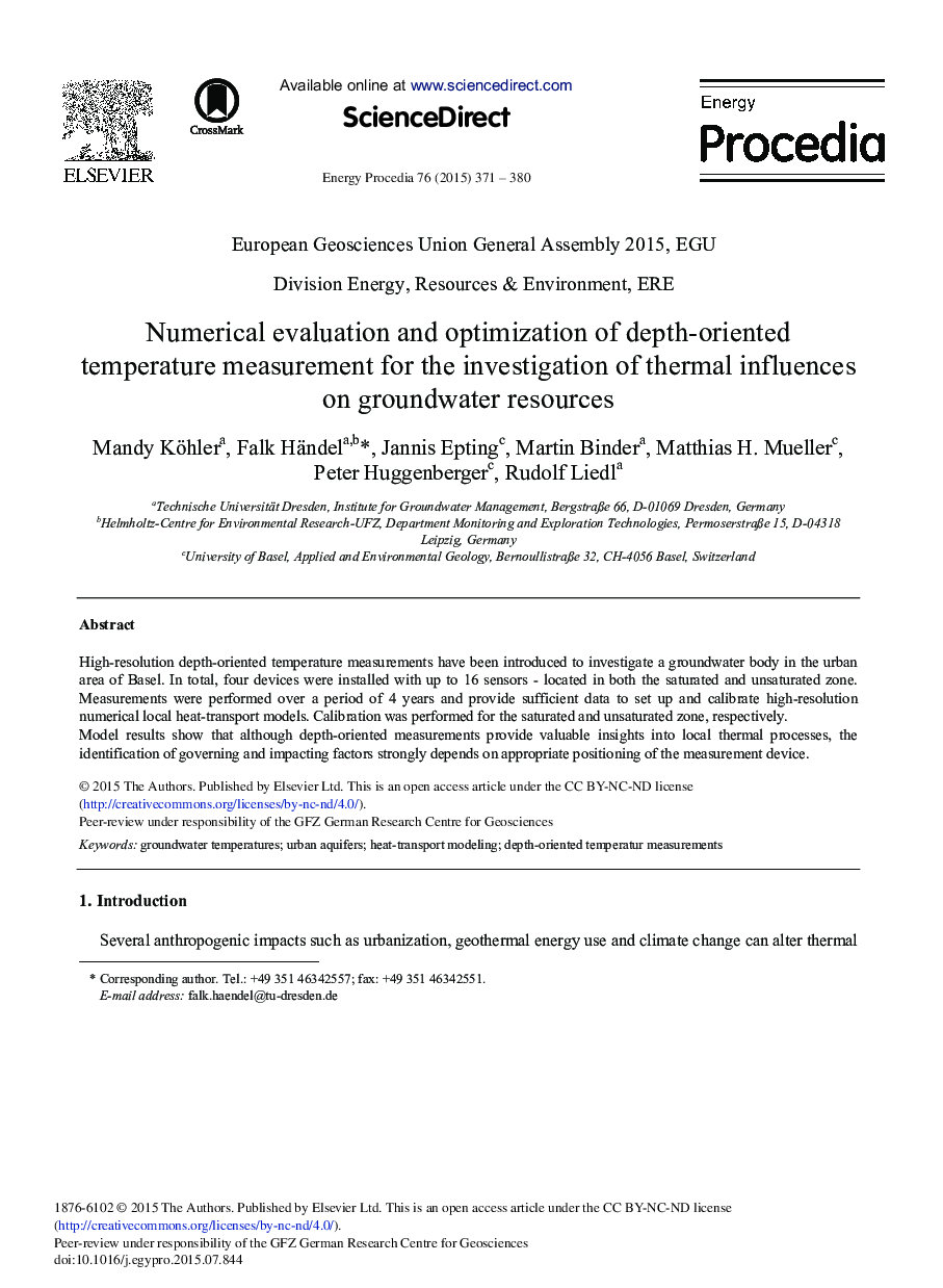 Numerical Evaluation and Optimization of Depth-oriented Temperature Measurement for the Investigation of Thermal Influences on Groundwater Resources 