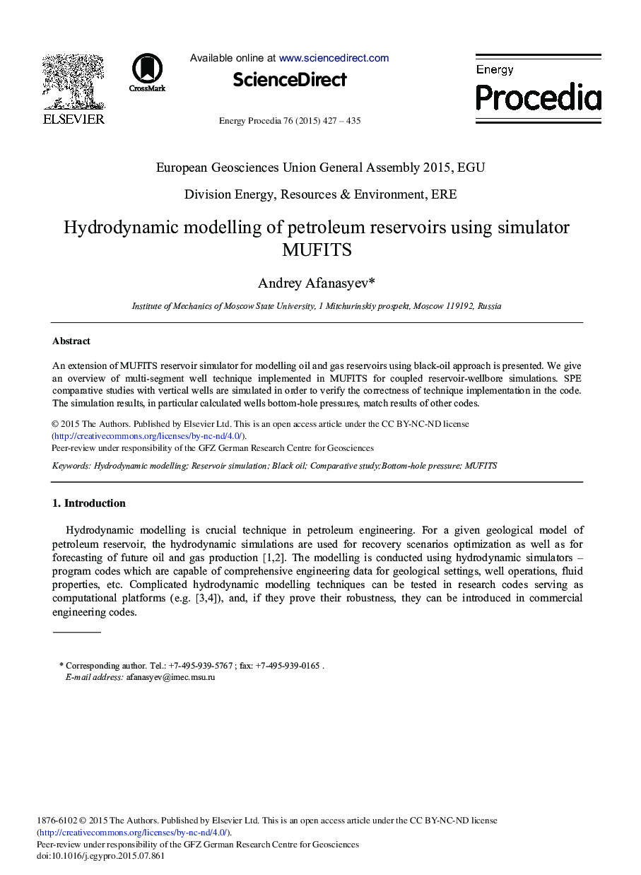 Hydrodynamic Modelling of Petroleum Reservoirs using Simulator MUFITS 