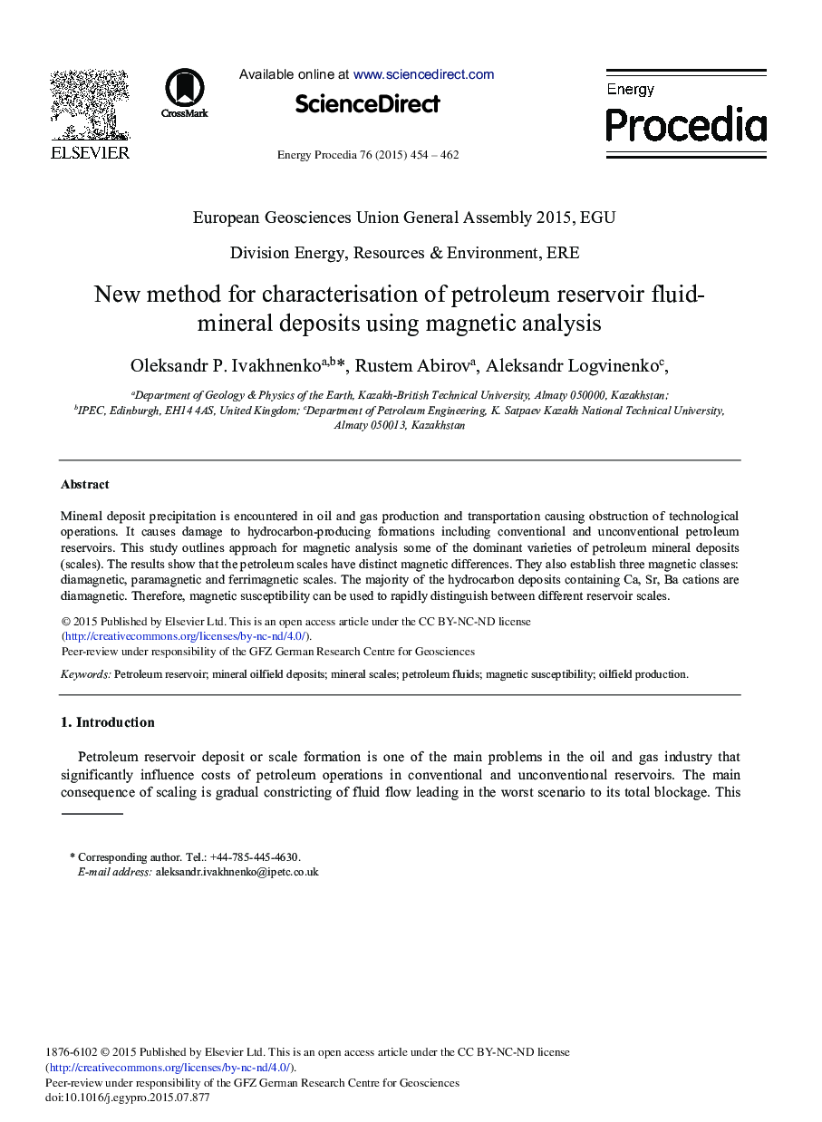 New Method for Characterisation of Petroleum Reservoir Fluidmineral Deposits Using Magnetic Analysis 
