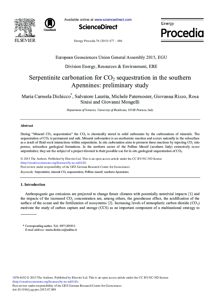 Serpentinite Carbonation for CO2 Sequestration in the Southern Apennines: Preliminary Study 