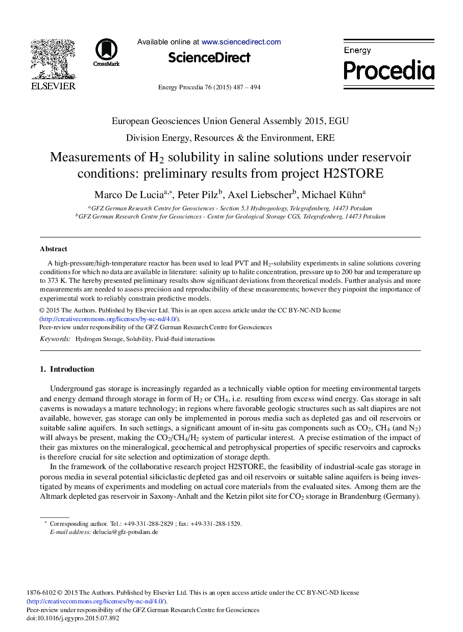 Measurements of H2 Solubility in Saline Solutions under Reservoir Conditions: Preliminary Results from Project H2STORE 