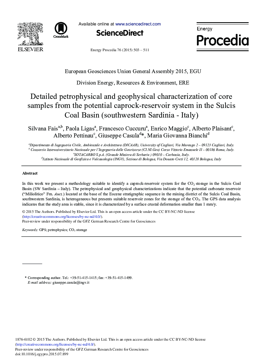 Detailed Petrophysical and Geophysical Characterization of Core Samples from the Potential Caprock-reservoir System in the Sulcis Coal Basin (Southwestern Sardinia – Italy) 