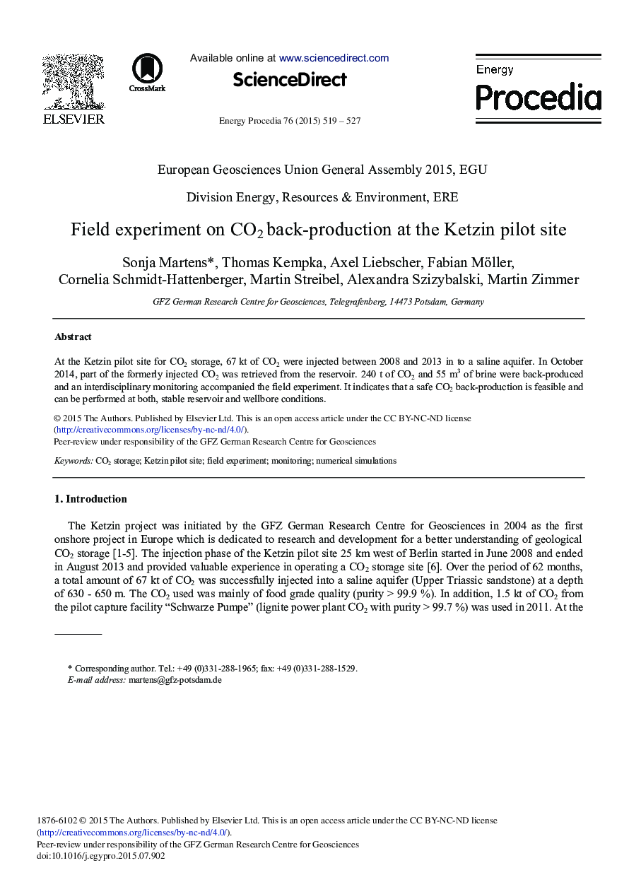 Field Experiment on CO2 Back-production at the Ketzin Pilot Site 