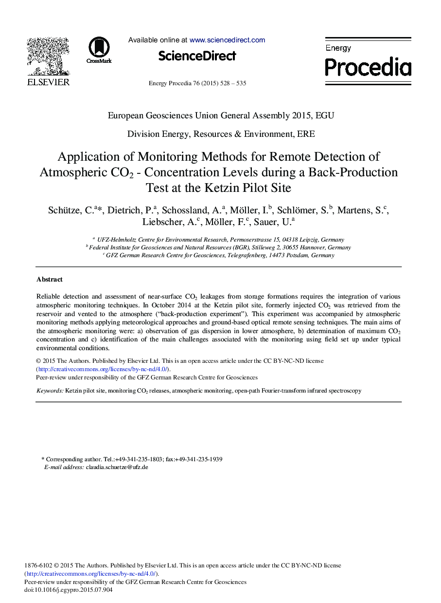 Application of Monitoring Methods for Remote Detection of Atmospheric CO2 - Concentration Levels during a Back-Production Test at the Ketzin Pilot Site 
