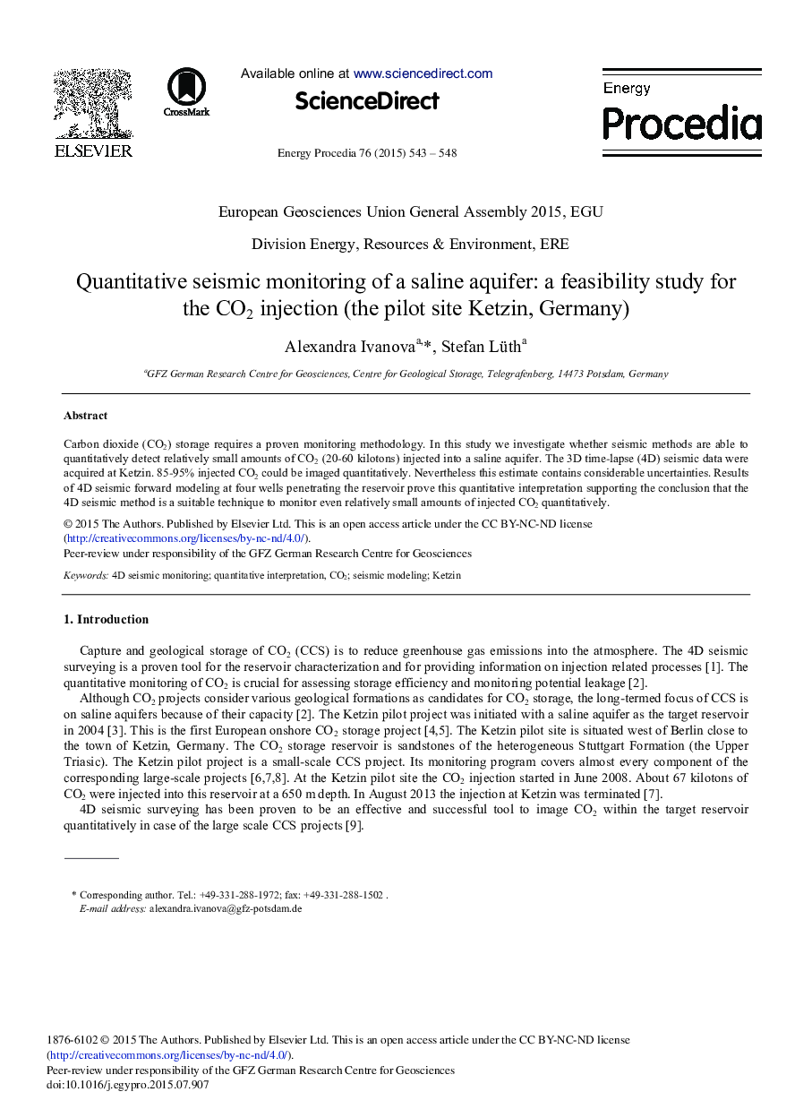 Quantitative Seismic Monitoring of a Saline Aquifer: A Feasibility Study for the CO2 Injection (The Pilot Site Ketzin, Germany) 