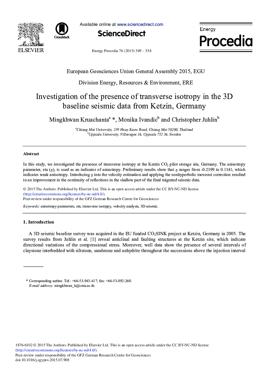 Investigation of the Presence of Transverse Isotropy in the 3D Baseline Seismic Data from Ketzin, Germany 