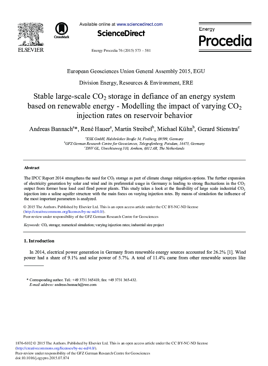 Stable Large-scale CO2 Storage in Defiance of an Energy System Based on Renewable Energy – Modelling the Impact of Varying CO2 Injection Rates on Reservoir Behavior 