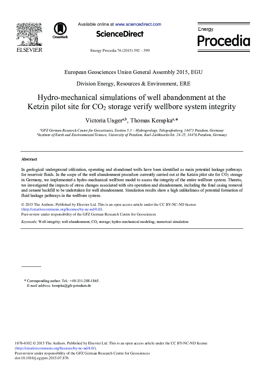 Hydro-mechanical Simulations of Well Abandonment at the Ketzin Pilot Site for CO2 Storage Verify Wellbore System Integrity 