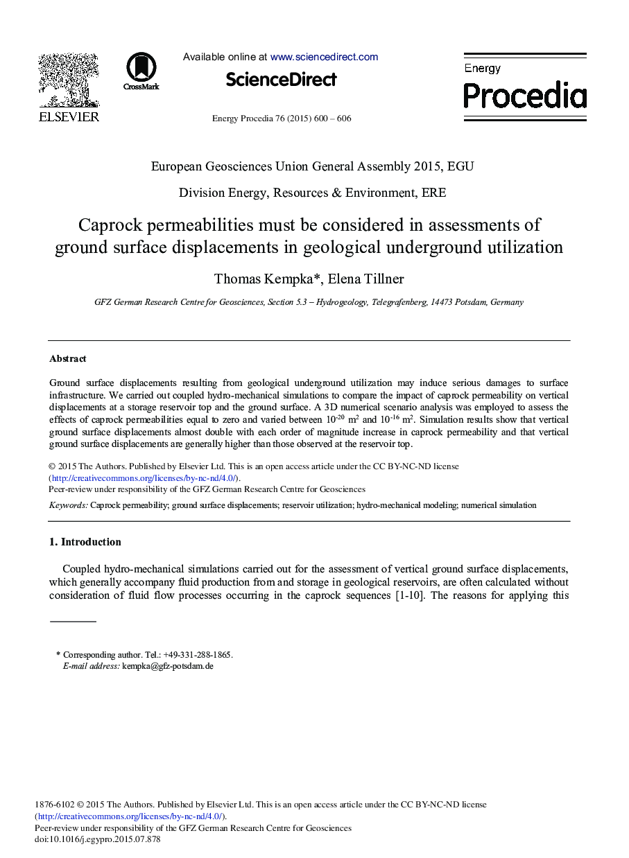 Caprock Permeabilities Must be Considered in Assessments of Ground Surface Displacements in Geological Underground Utilization 