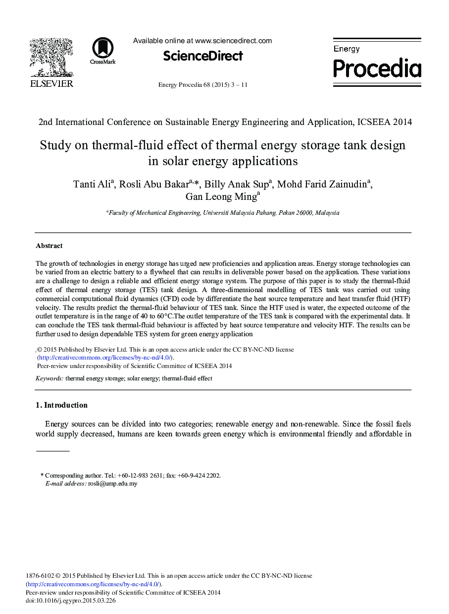 Study on Thermal-fluid Effect of Thermal Energy Storage Tank Design in Solar Energy Applications 