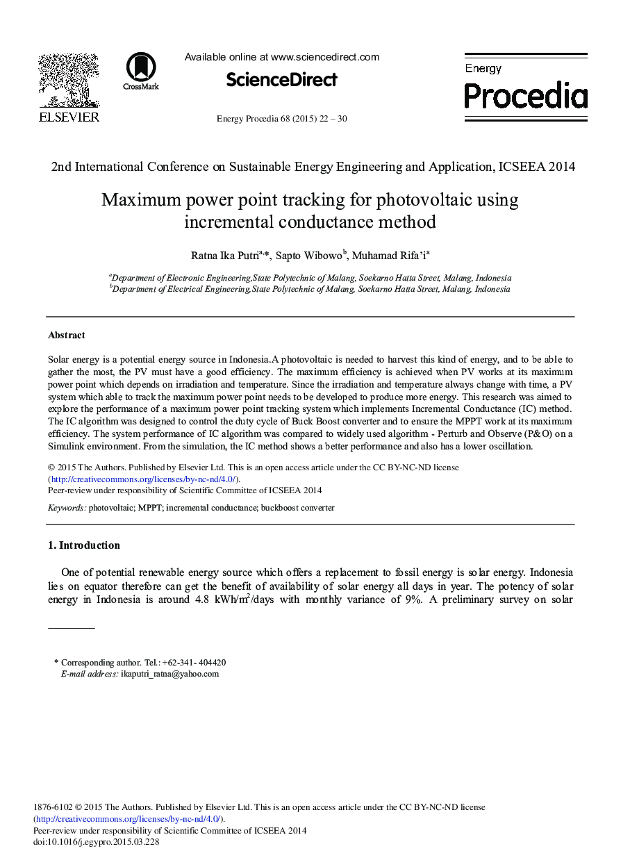 Maximum Power Point Tracking for Photovoltaic Using Incremental Conductance Method 