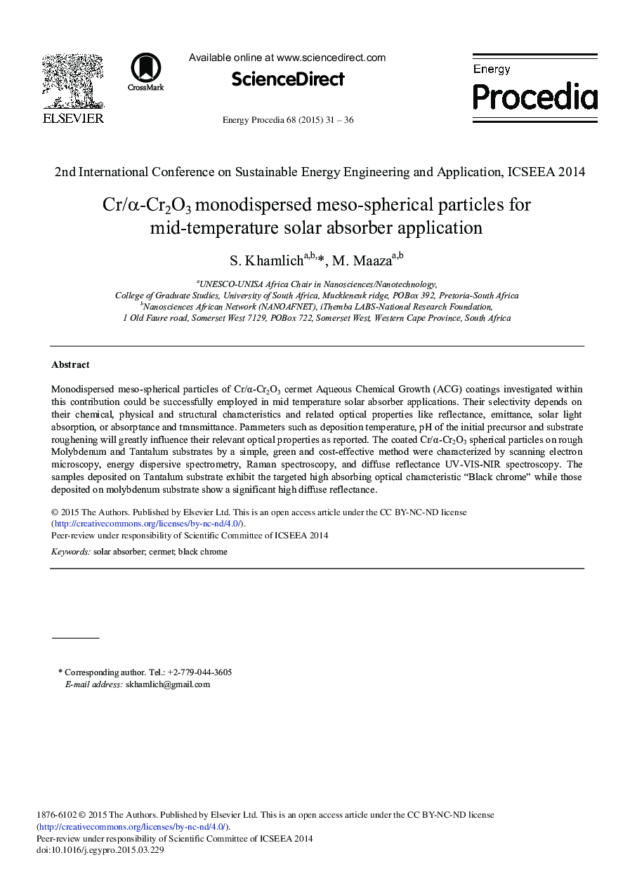 Cr/α-Cr2O3 Monodispersed Meso-spherical Particles for Mid-temperature Solar Absorber Application 