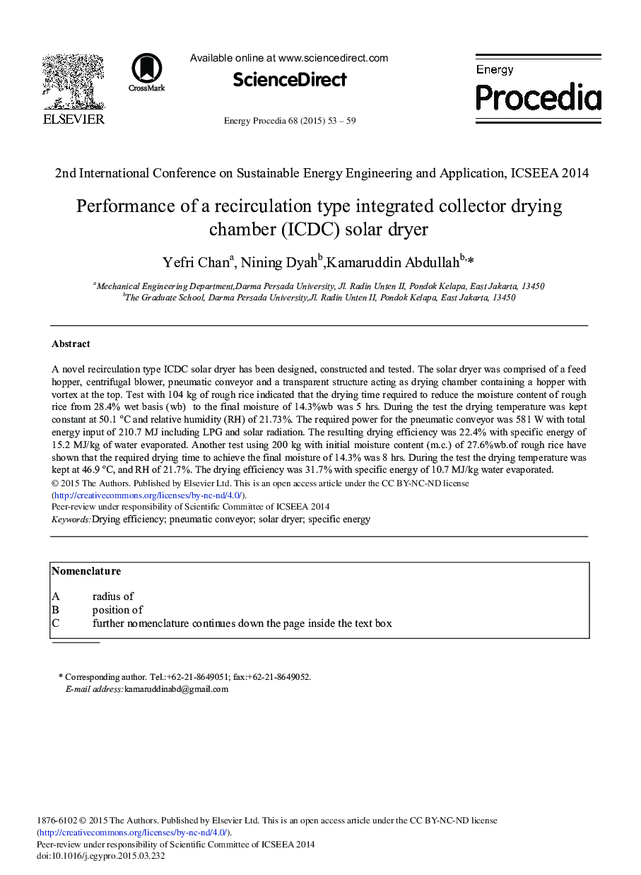 Performance of a Recirculation Type Integrated Collector Drying Chamber (ICDC) Solar Dryer 