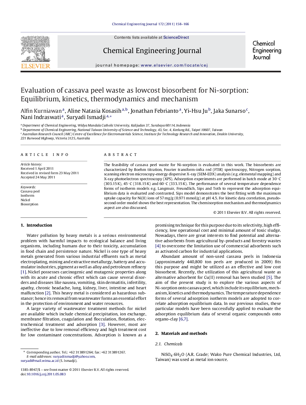 Evaluation of cassava peel waste as lowcost biosorbent for Ni-sorption: Equilibrium, kinetics, thermodynamics and mechanism