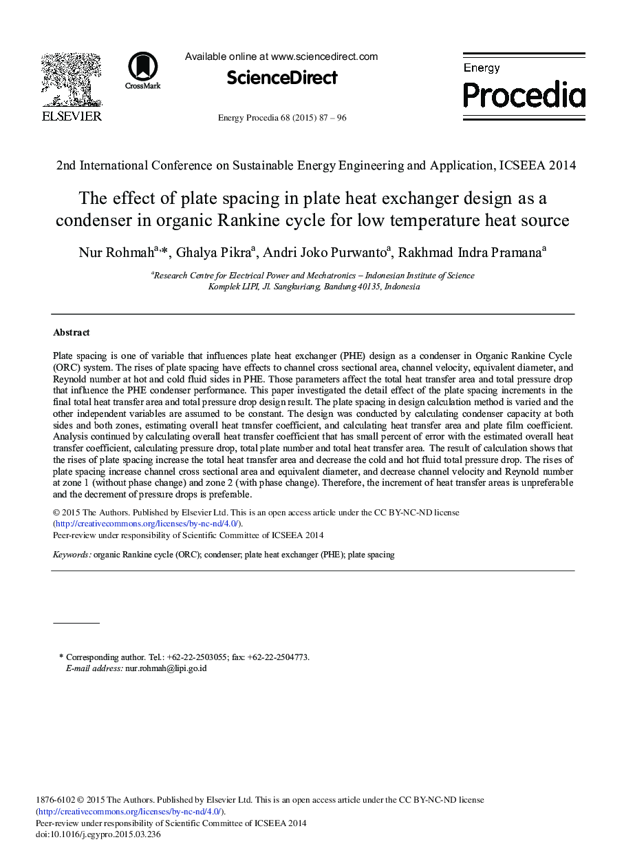 The Effect of Plate Spacing in Plate Heat Exchanger Design as a Condenser in Organic Rankine cycle for Low Temperature Heat Source 