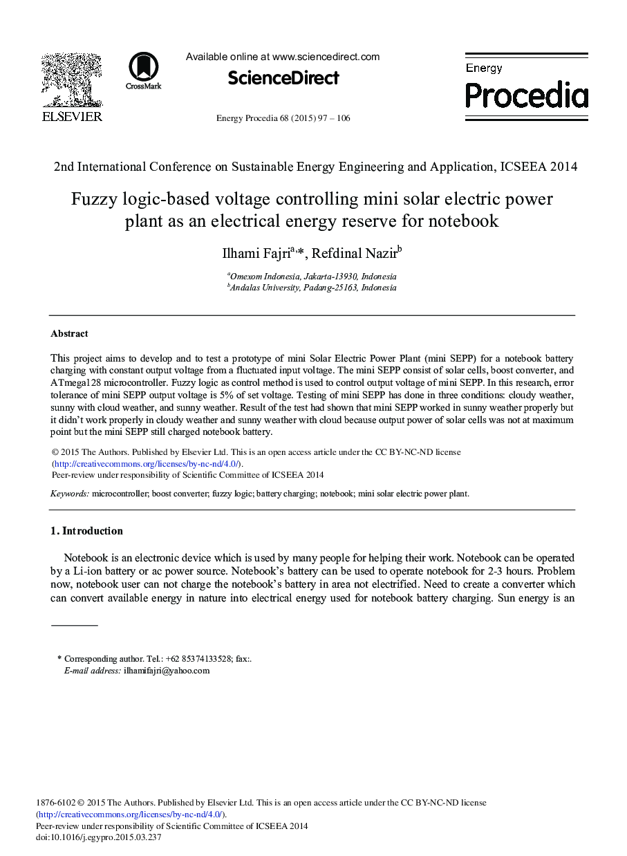 Fuzzy Logic-Based Voltage Controlling Mini Solar Electric Power Plant as an Electrical Energy Reserve for Notebook 