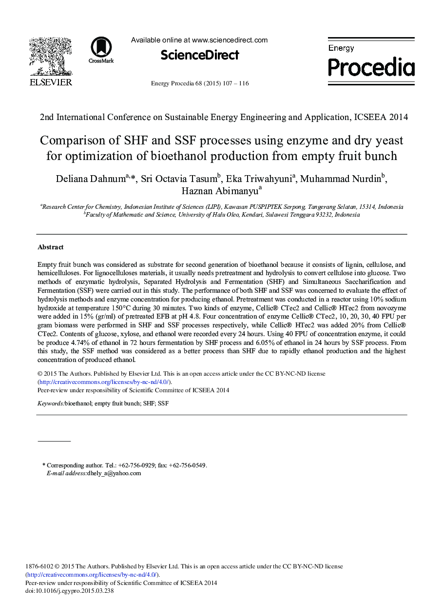 Comparison of SHF and SSF Processes Using Enzyme and Dry Yeast for Optimization of Bioethanol Production from Empty Fruit Bunch 