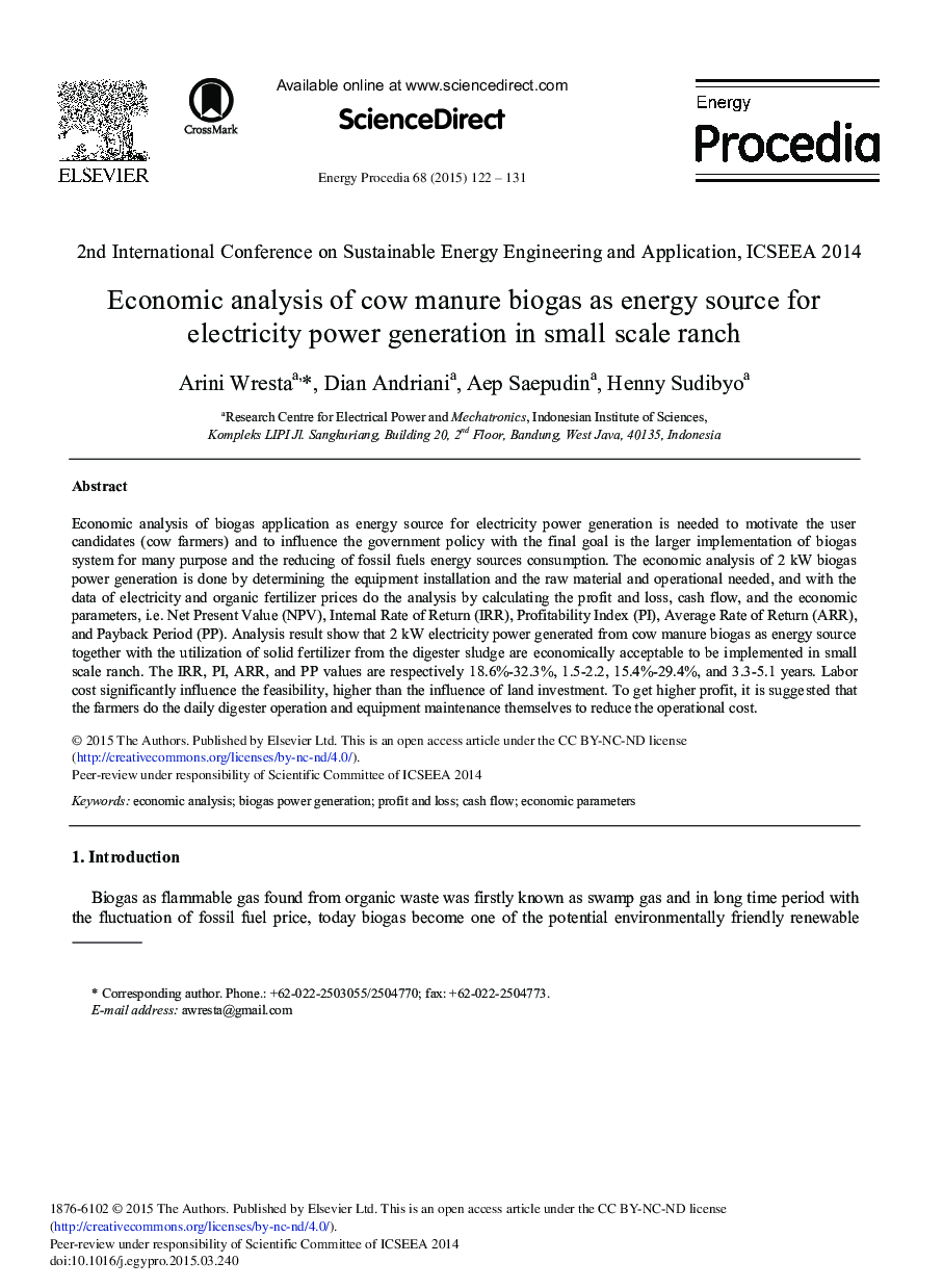 Economic Analysis of Cow Manure Biogas as Energy Source for Electricity Power Generation in Small Scale Ranch 