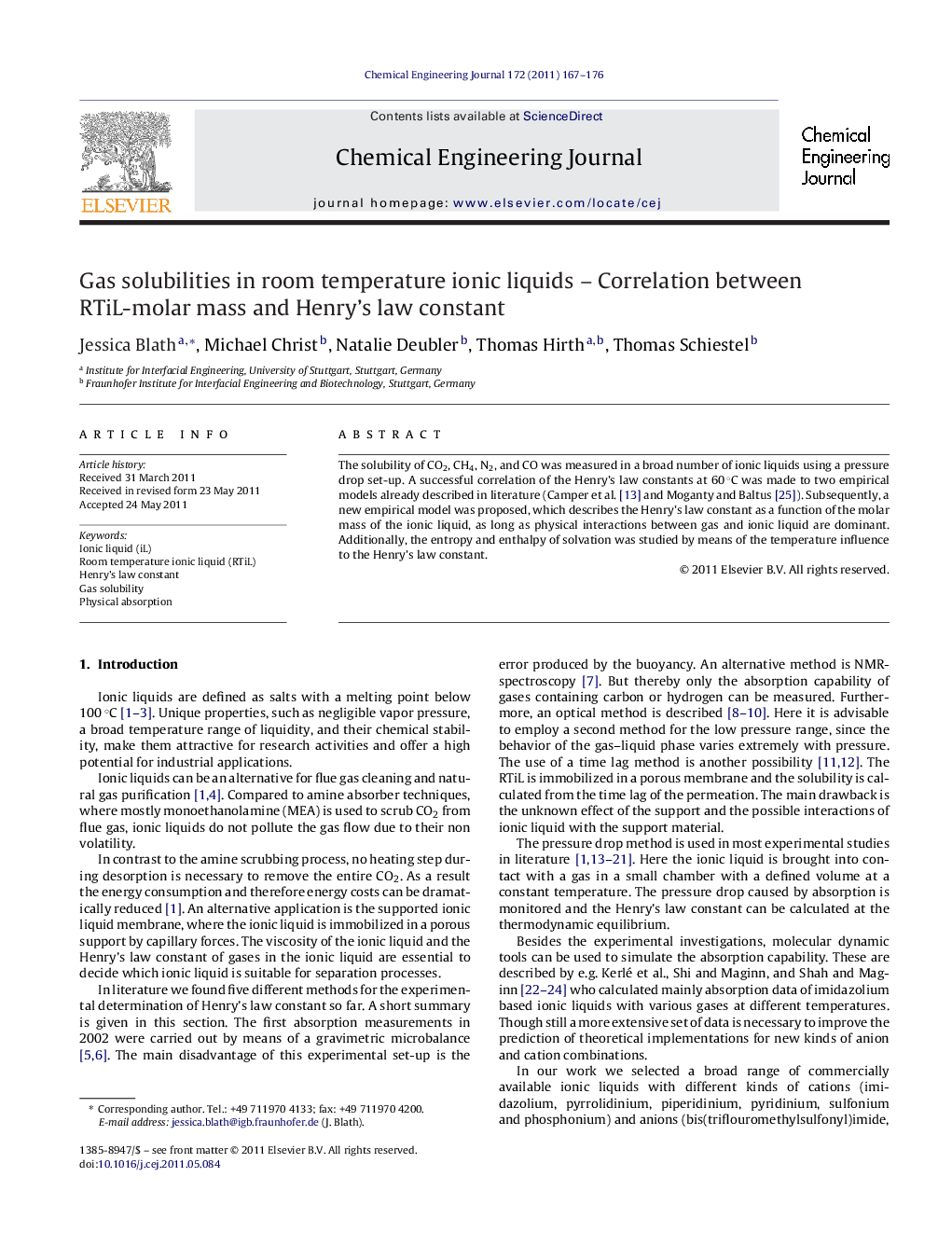 Gas solubilities in room temperature ionic liquids – Correlation between RTiL-molar mass and Henry's law constant