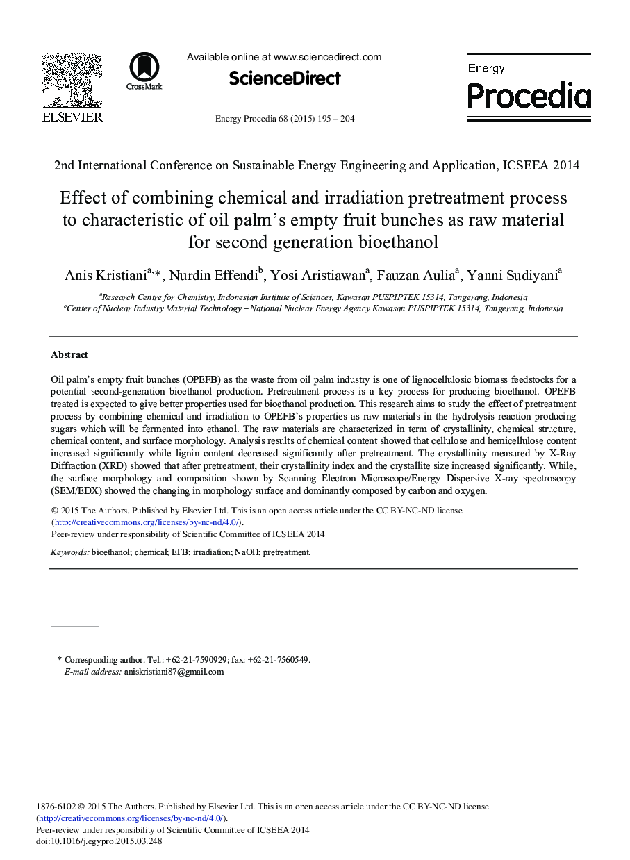 Effect of Combining Chemical and Irradiation Pretreatment Process to Characteristic of Oil Palm's Empty Fruit Bunches as Raw Material for Second Generation Bioethanol 