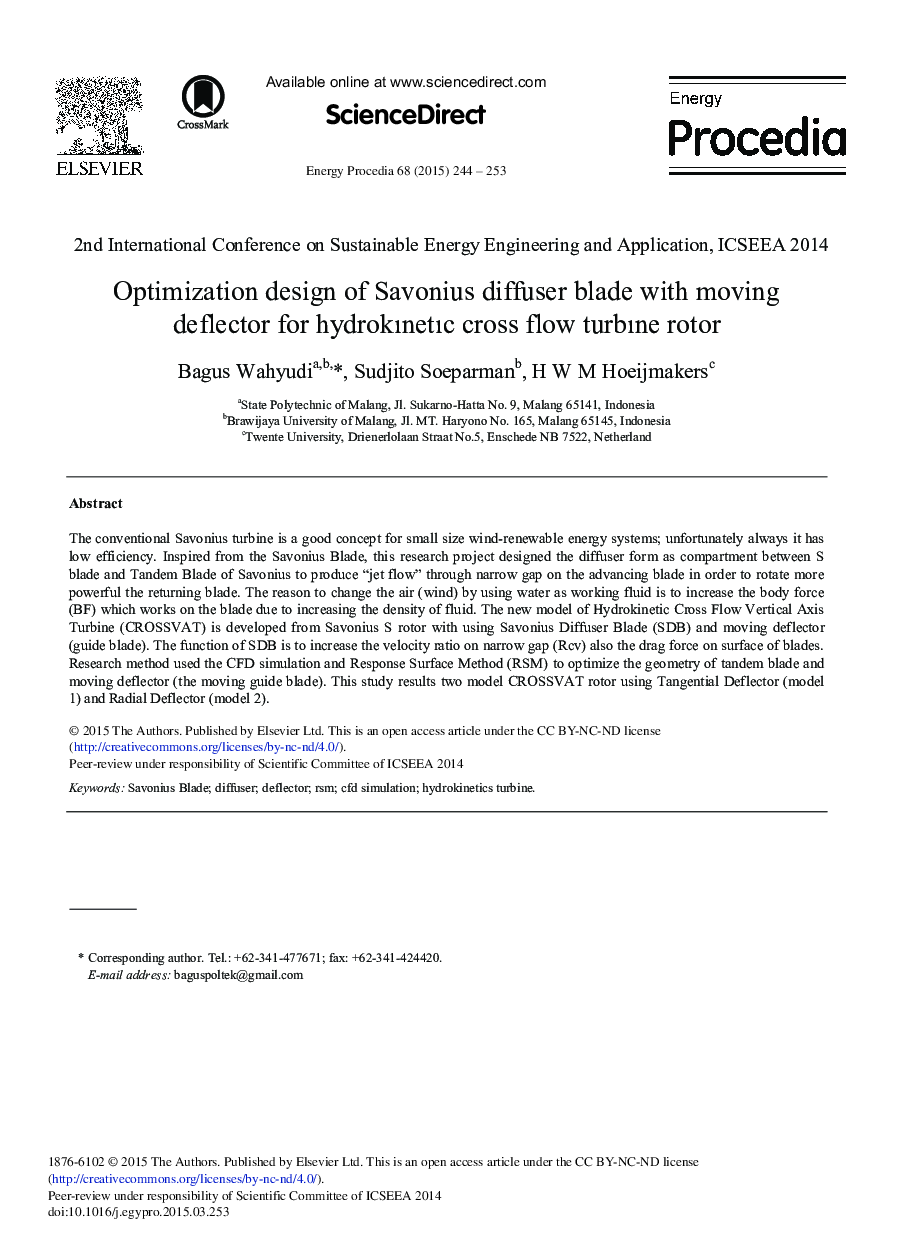 Optimization Design of Savonius Diffuser Blade with Moving Deflector for Hydrokınetıc Cross Flow Turbıne Rotor 