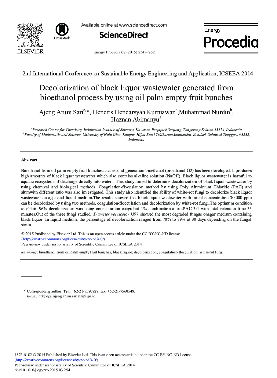 Decolorization of Black Liquor Wastewater Generated from Bioethanol Process by Using Oil Palm Empty Fruit Bunches 