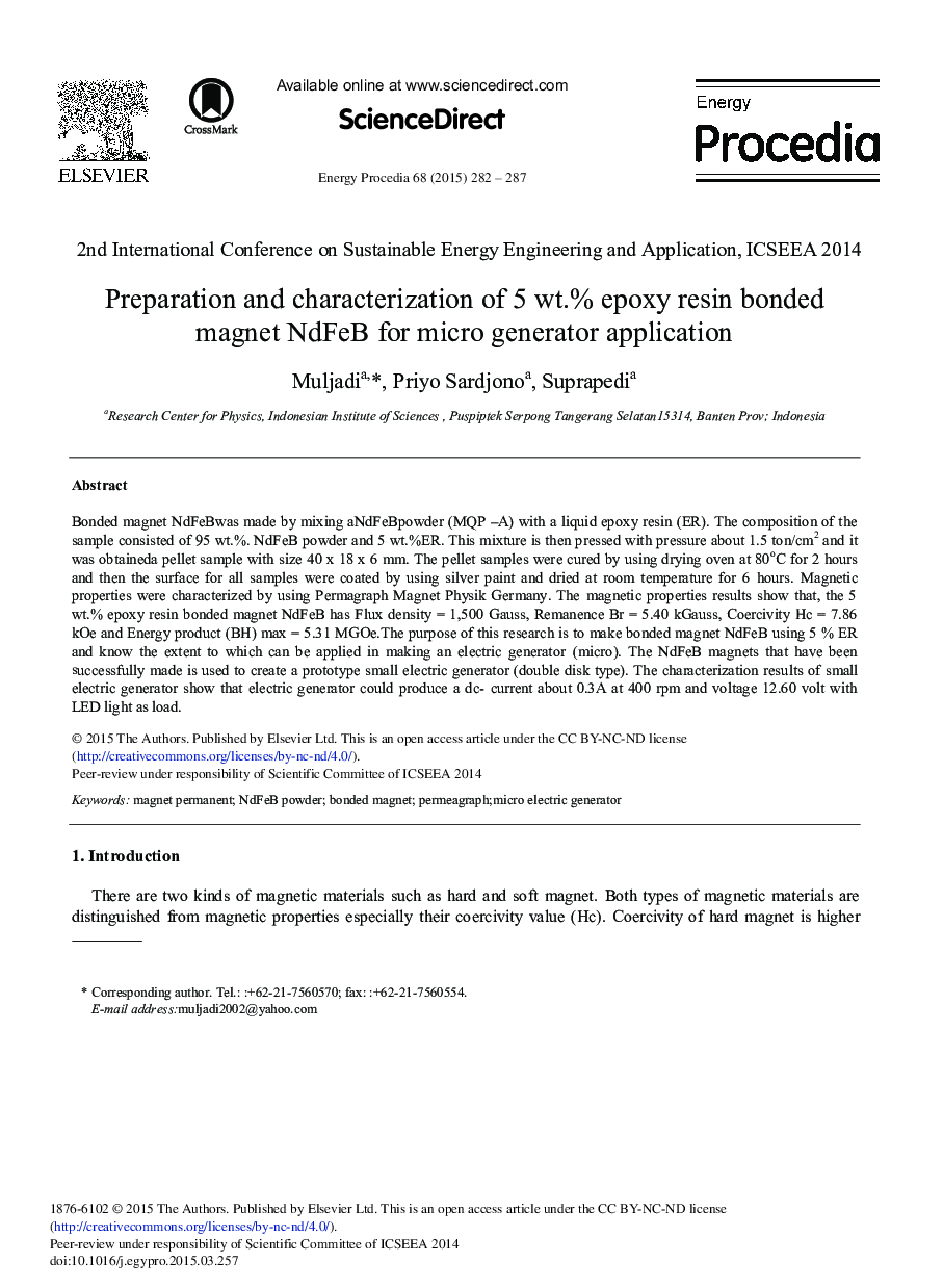 Preparation and Characterization of 5 wt.% Epoxy Resin Bonded Magnet NdFeB for Micro Generator Application 
