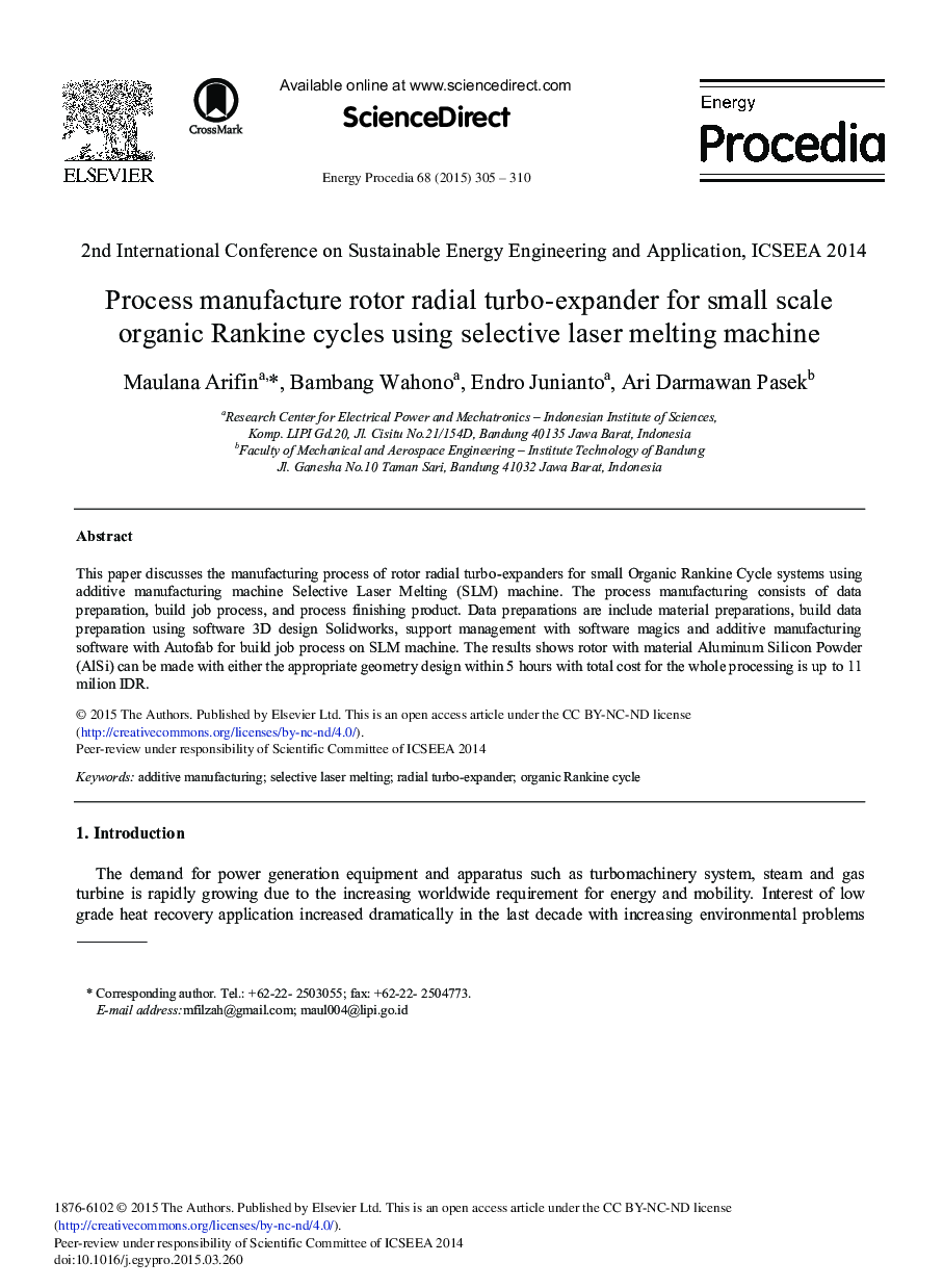 Process Manufacture Rotor Radial Turbo-expander for Small Scale Organic Rankine Cycles Using Selective Laser Melting Machine 