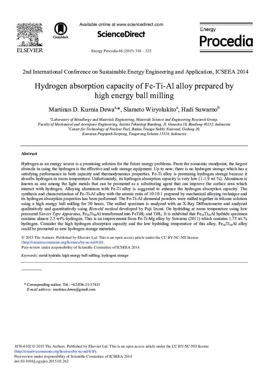 Hydrogen Absorption Capacity of Fe-Ti-Al Alloy Prepared by High Energy Ball Milling 
