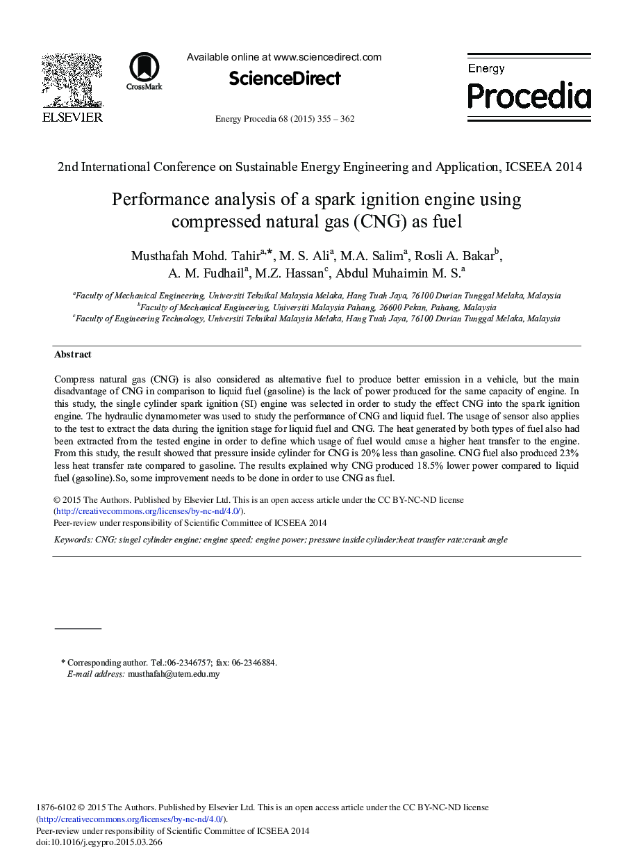 Performance Analysis of A Spark Ignition Engine Using Compressed Natural Gas (CNG) as Fuel 
