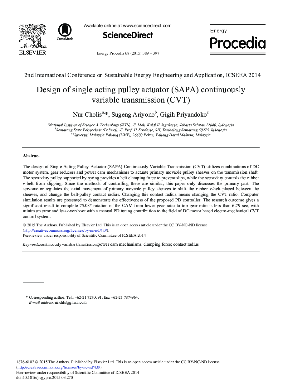 Design of Single Acting Pulley Actuator (SAPA) Continuously Variable Transmission (CVT) 