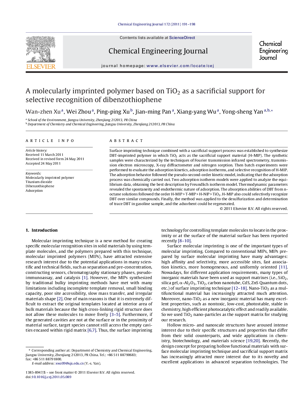 A molecularly imprinted polymer based on TiO2 as a sacrificial support for selective recognition of dibenzothiophene