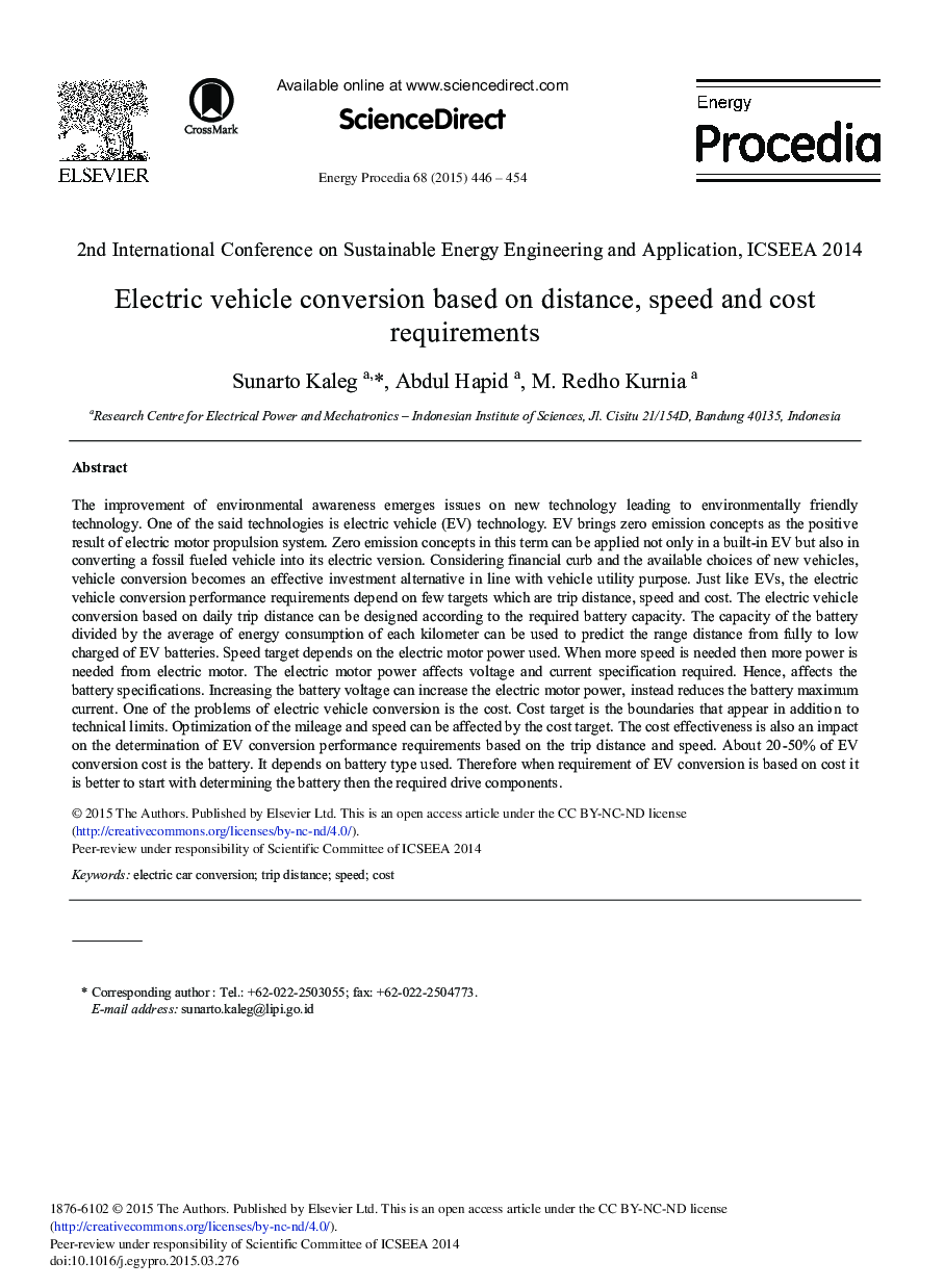 Electric Vehicle Conversion Based on Distance, Speed and Cost Requirements 