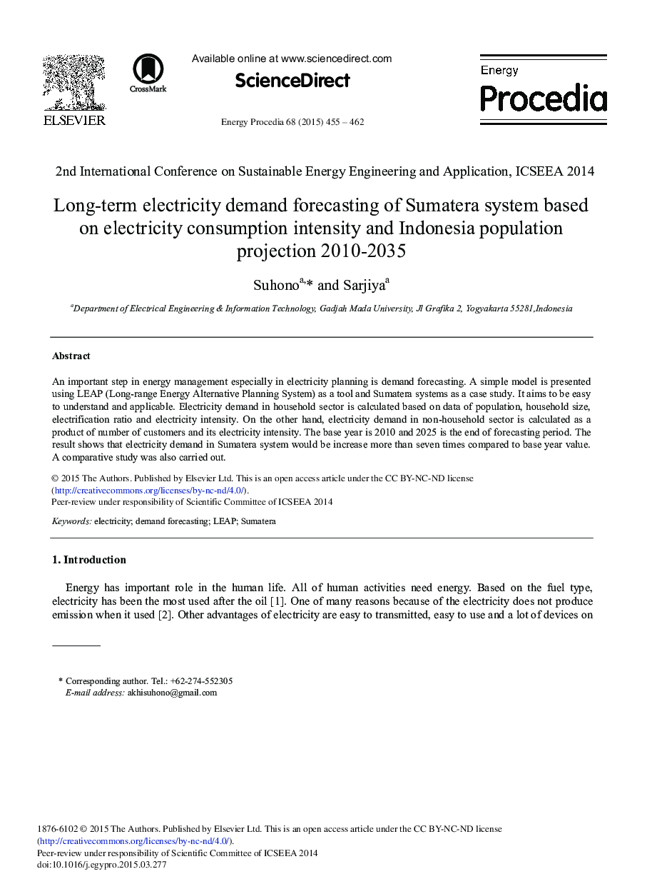Long-term Electricity Demand Forecasting of Sumatera System Based on Electricity Consumption Intensity and Indonesia Population Projection 2010-2035 