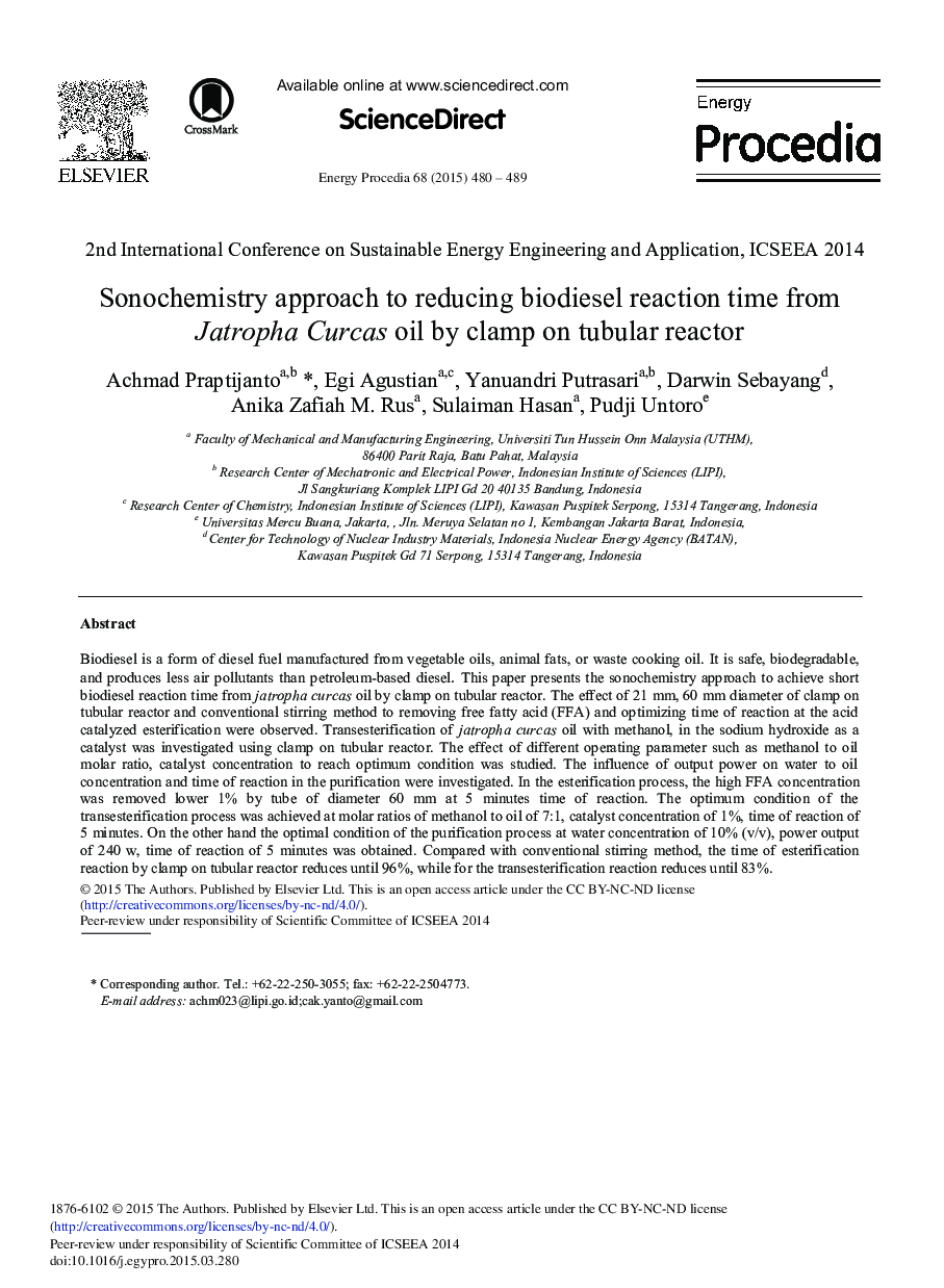 Sonochemistry Approach to Reducing Biodiesel Reaction Time From Jatropha Curcas Oil by Clamp on Tubular Reactor 