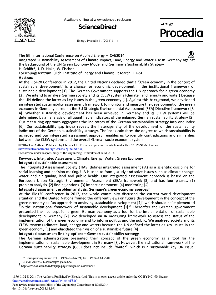 Integrated Sustainability Assessment of Climate Impact, Land, Energy and Water Use in Germany against the Background of the UN Green Economy Model and Germany's Sustainability Strategy 