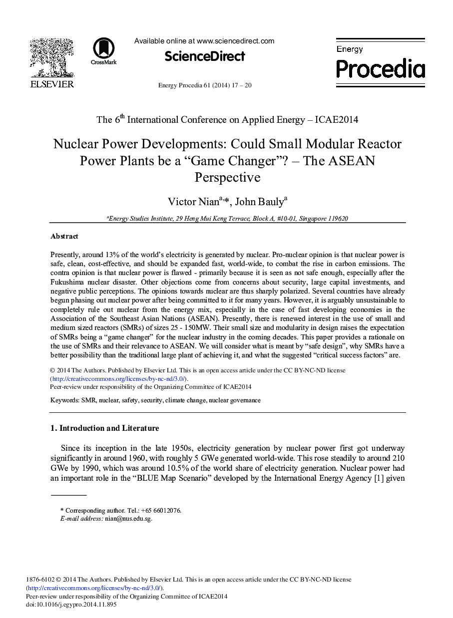 Nuclear Power Developments: Could Small Modular Reactor Power Plants be a “Game Changer”? – The ASEAN Perspective 