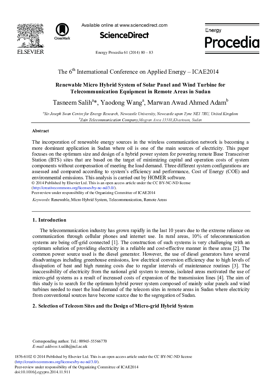 Renewable Micro Hybrid System of Solar Panel and Wind Turbine for Telecommunication Equipment in Remote Areas in Sudan 